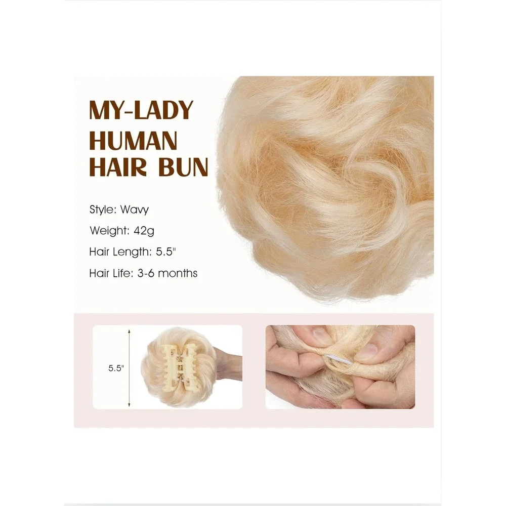 MY-LADY Human Hair Claw‎ Clip Messy Bun Extension Platinum Blonde Wavy Hairpiece